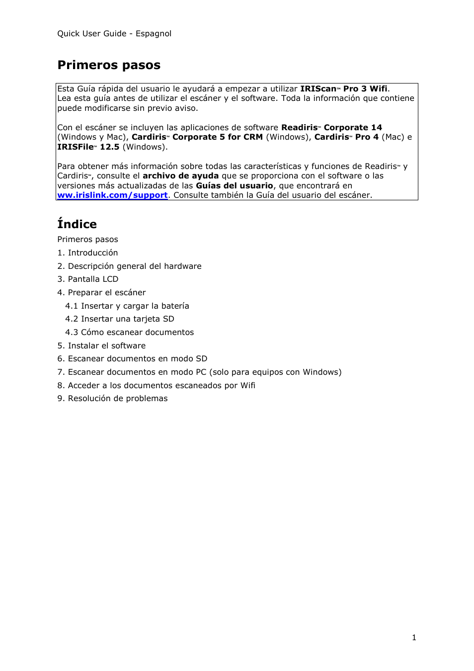 Spanish, Primeros pasos, Índice | I.R.I.S. IRIScan Pro 3 Wi-Fi Quick Start User Manual | Page 53 / 166