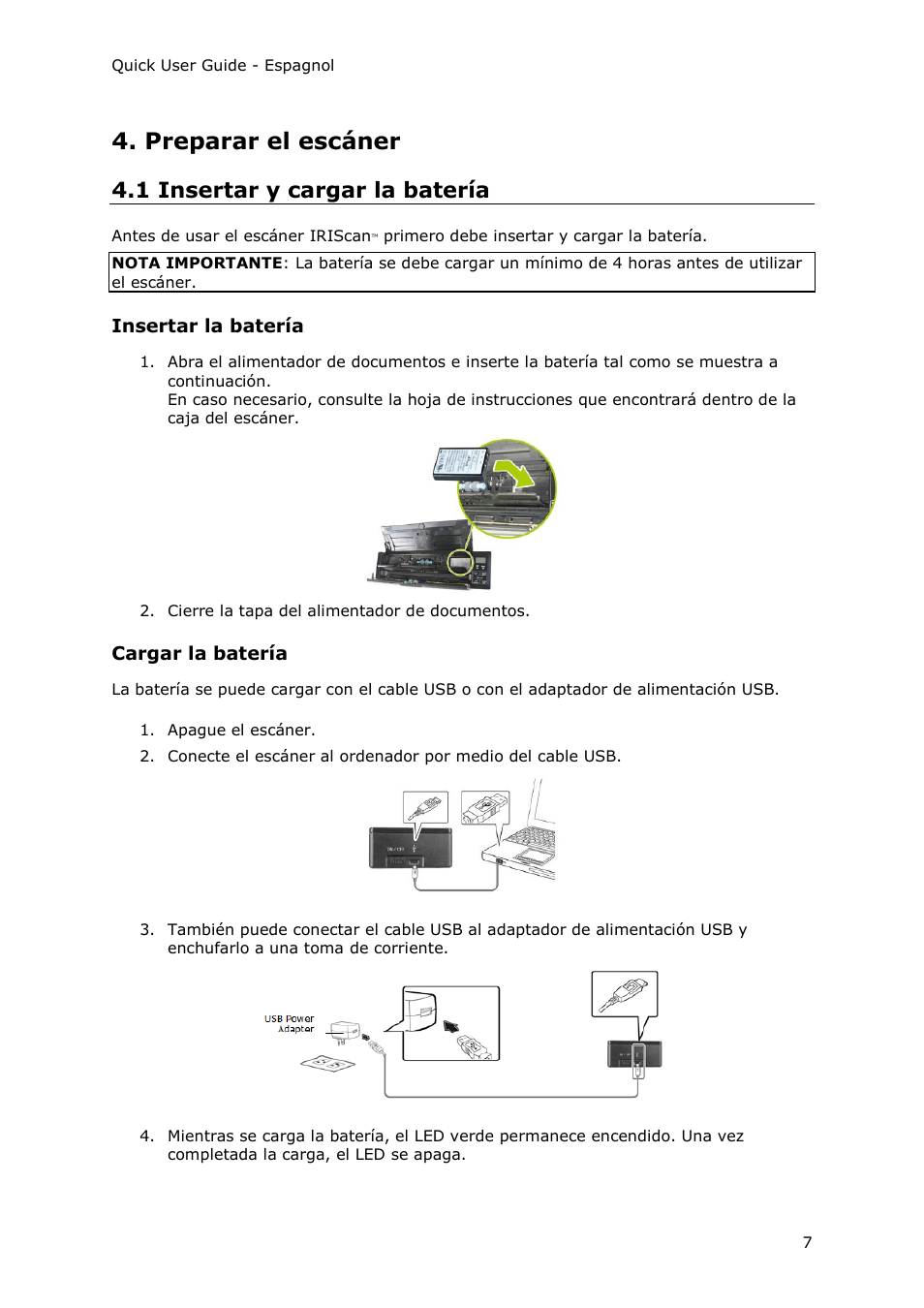 Preparar el escáner, 1 insertar y cargar la batería, Insertar la batería | Cargar la batería | I.R.I.S. IRIScan Pro 3 Wi-Fi Quick Start User Manual | Page 57 / 166