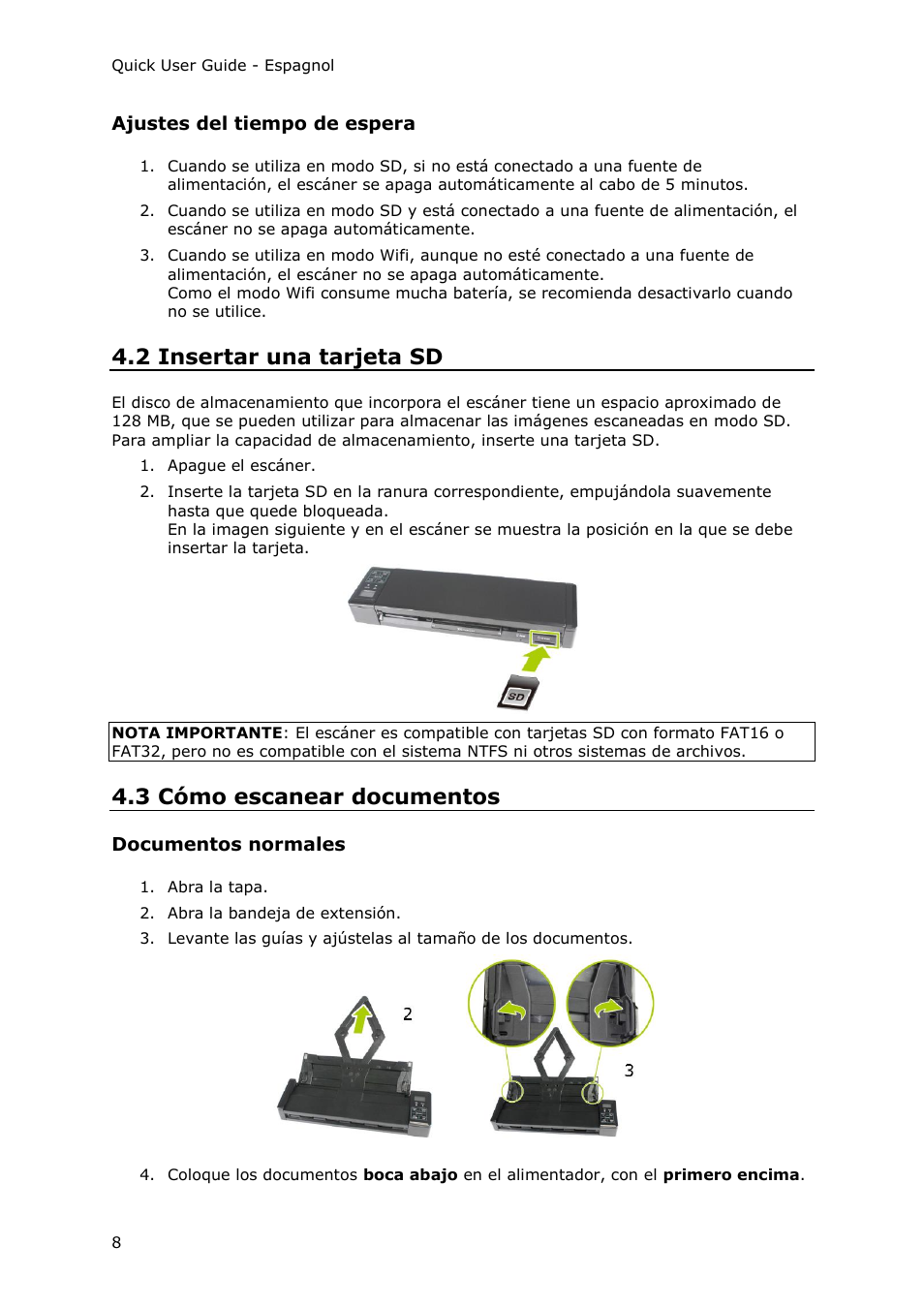 Ajustes del tiempo de espera, 2 insertar una tarjeta sd, 3 cómo escanear documentos | Documentos normales | I.R.I.S. IRIScan Pro 3 Wi-Fi Quick Start User Manual | Page 58 / 166