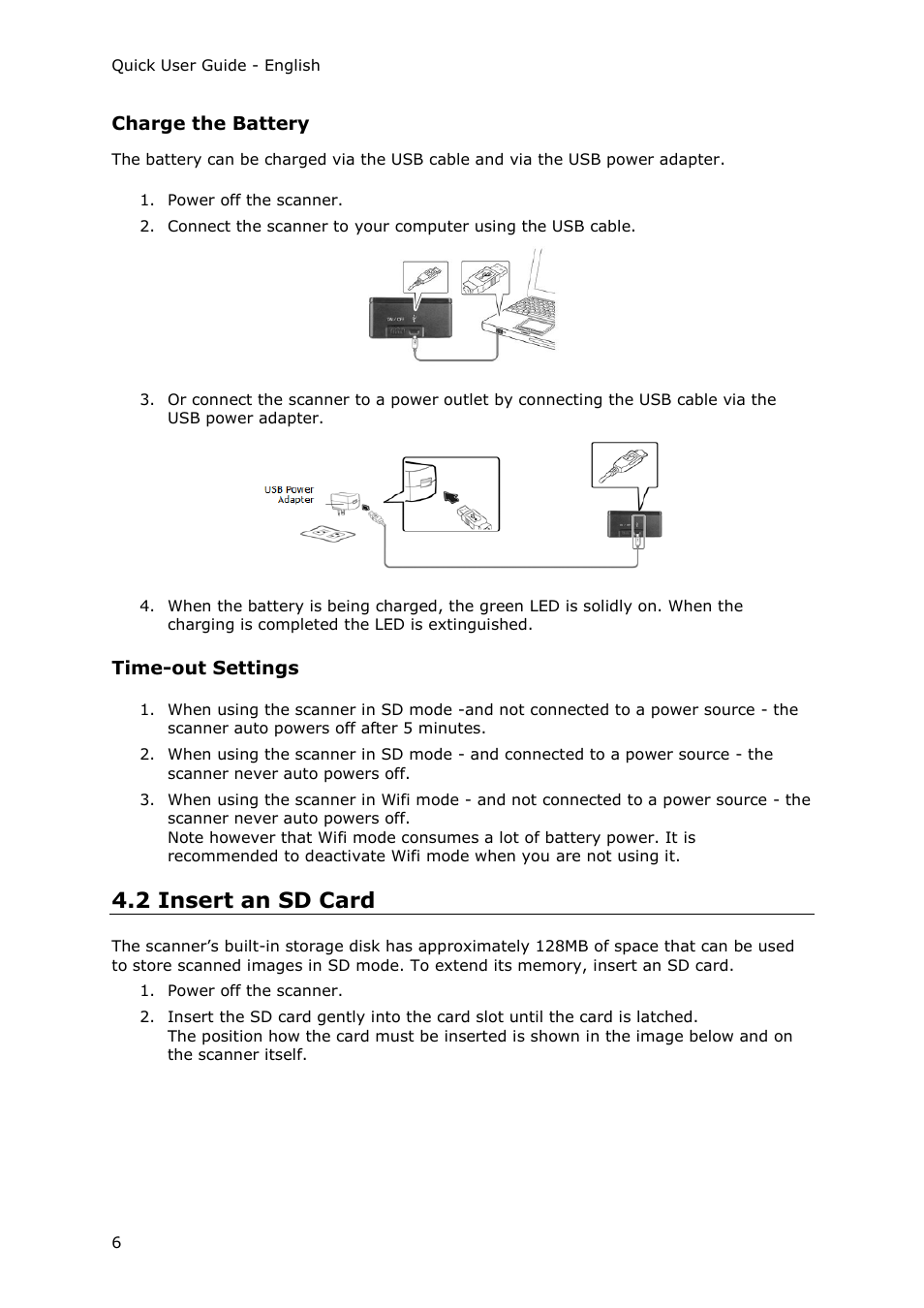 Charge the battery, Time-out settings, 2 insert an sd card | I.R.I.S. IRIScan Pro 3 Wi-Fi Quick Start User Manual | Page 6 / 166