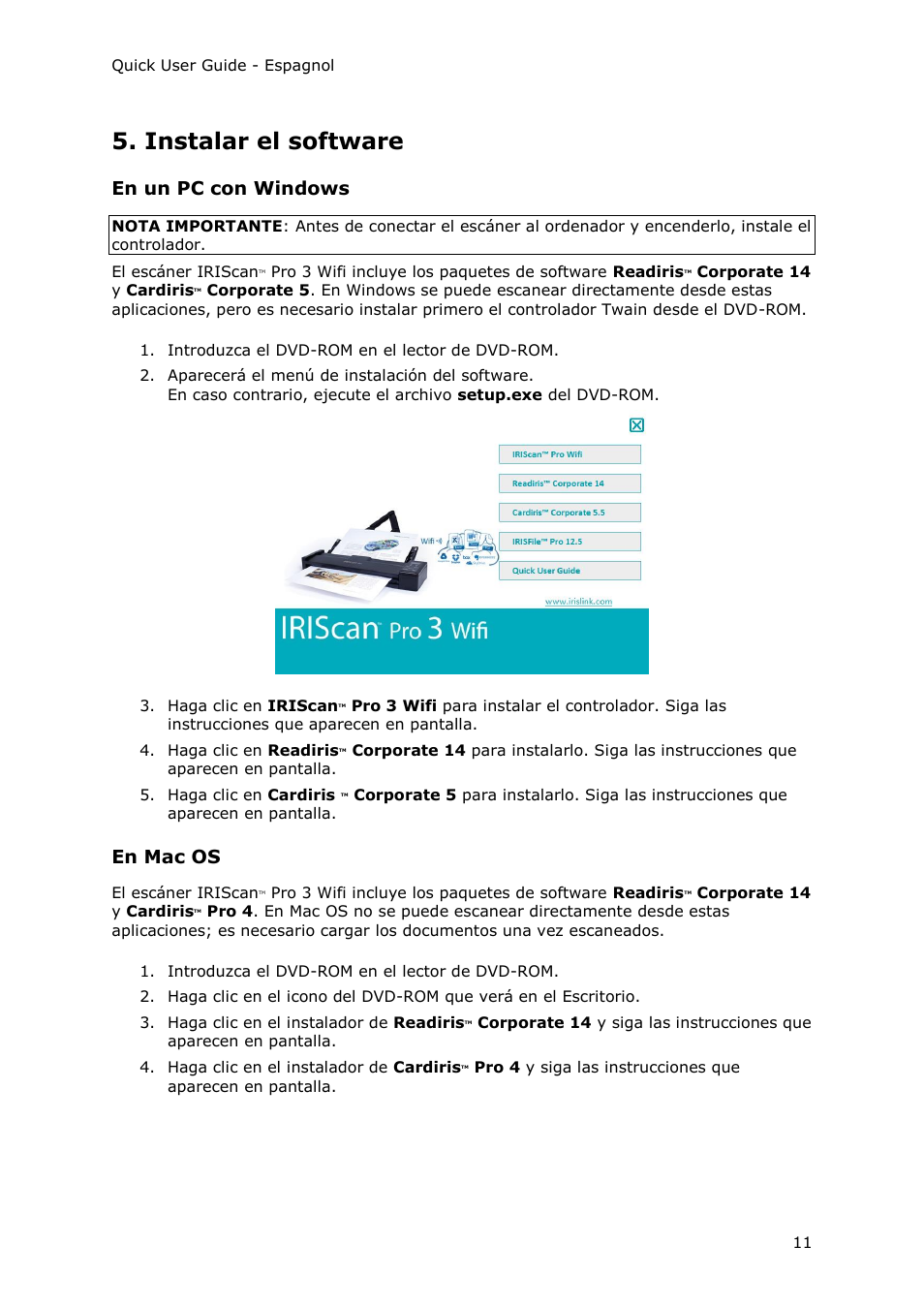 Instalar el software, En un pc con windows, En mac os | I.R.I.S. IRIScan Pro 3 Wi-Fi Quick Start User Manual | Page 60 / 166