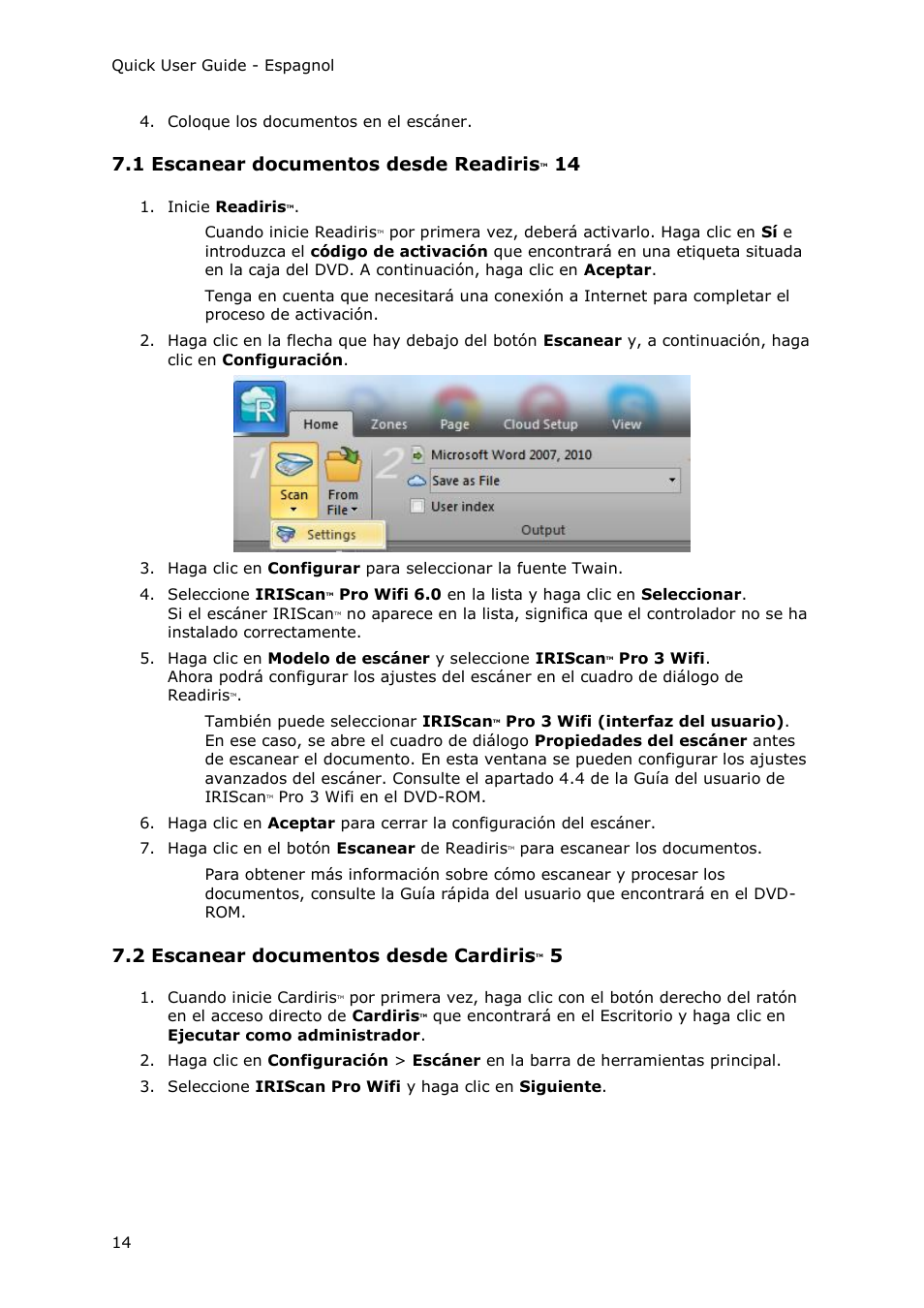 1 escanear documentos desde readiristm 14, 2 escanear documentos desde cardiristm 5, 1 escanear documentos desde readiris | 2 escanear documentos desde cardiris | I.R.I.S. IRIScan Pro 3 Wi-Fi Quick Start User Manual | Page 63 / 166