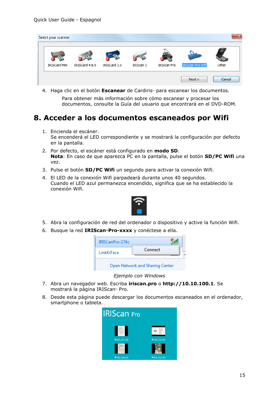 Acceder a los documentos escaneados por wifi | I.R.I.S. IRIScan Pro 3 Wi-Fi Quick Start User Manual | Page 64 / 166