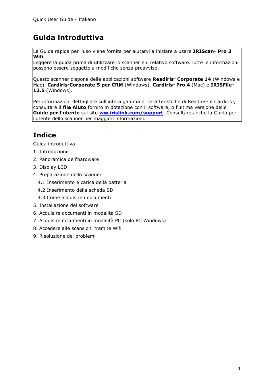 Italian, Guida introduttiva, Indice | I.R.I.S. IRIScan Pro 3 Wi-Fi Quick Start User Manual | Page 66 / 166
