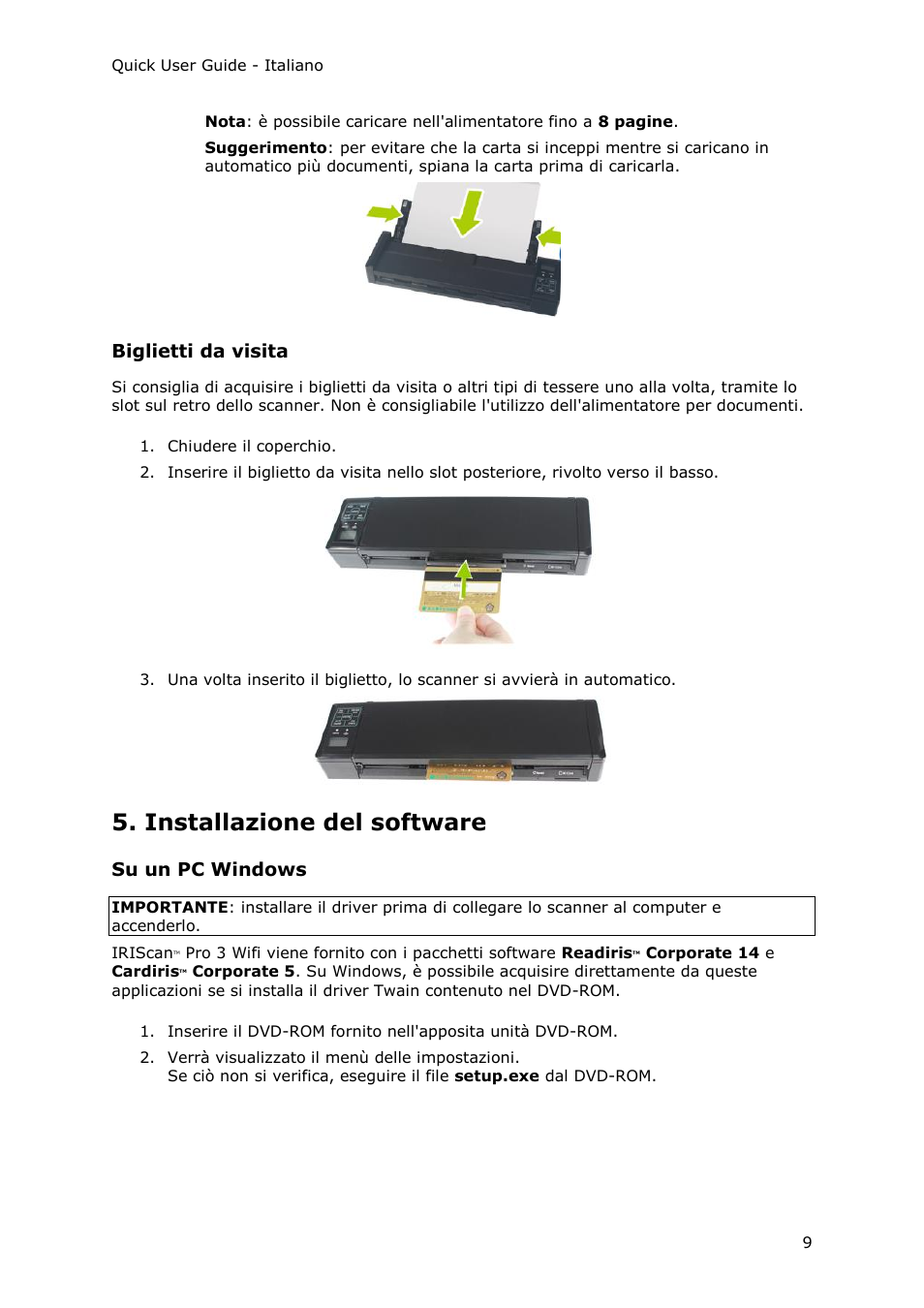 Biglietti da visita, Installazione del software, Su un pc windows | I.R.I.S. IRIScan Pro 3 Wi-Fi Quick Start User Manual | Page 72 / 166
