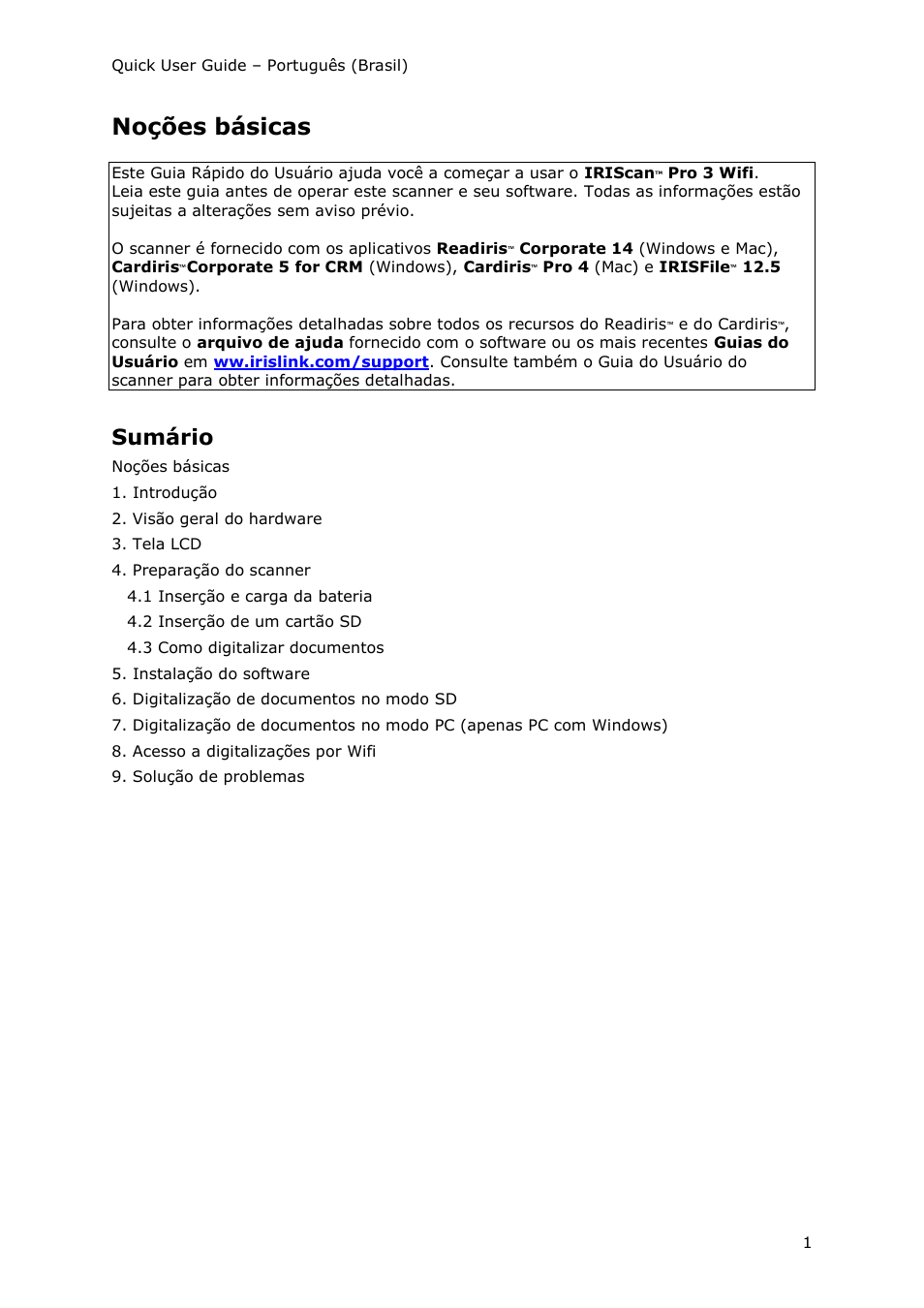 Portuguese (brazil), Noções básicas, Sumário | I.R.I.S. IRIScan Pro 3 Wi-Fi Quick Start User Manual | Page 79 / 166