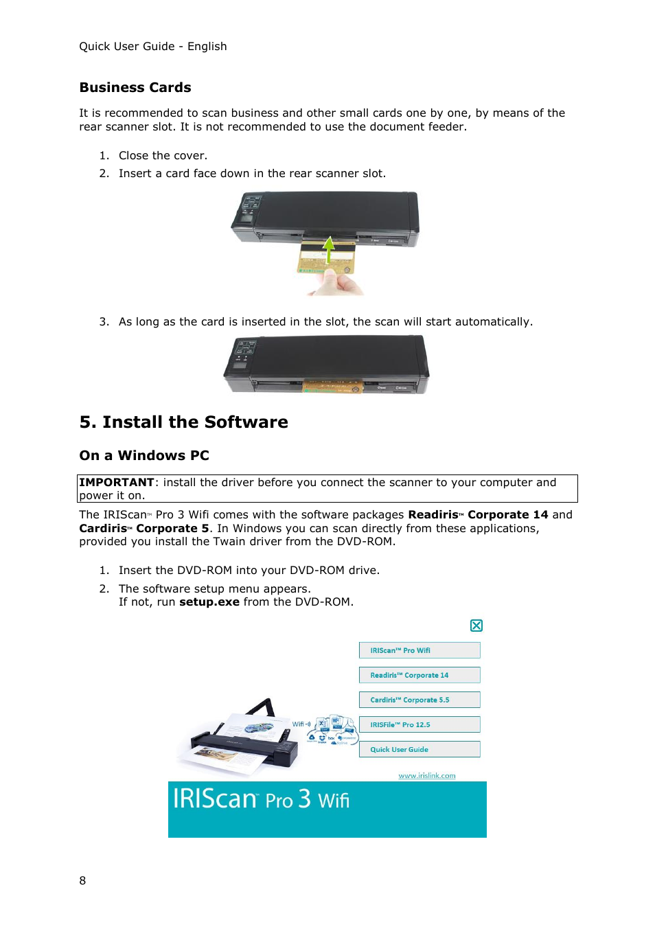 Business cards, Install the software, On a windows pc | I.R.I.S. IRIScan Pro 3 Wi-Fi Quick Start User Manual | Page 8 / 166