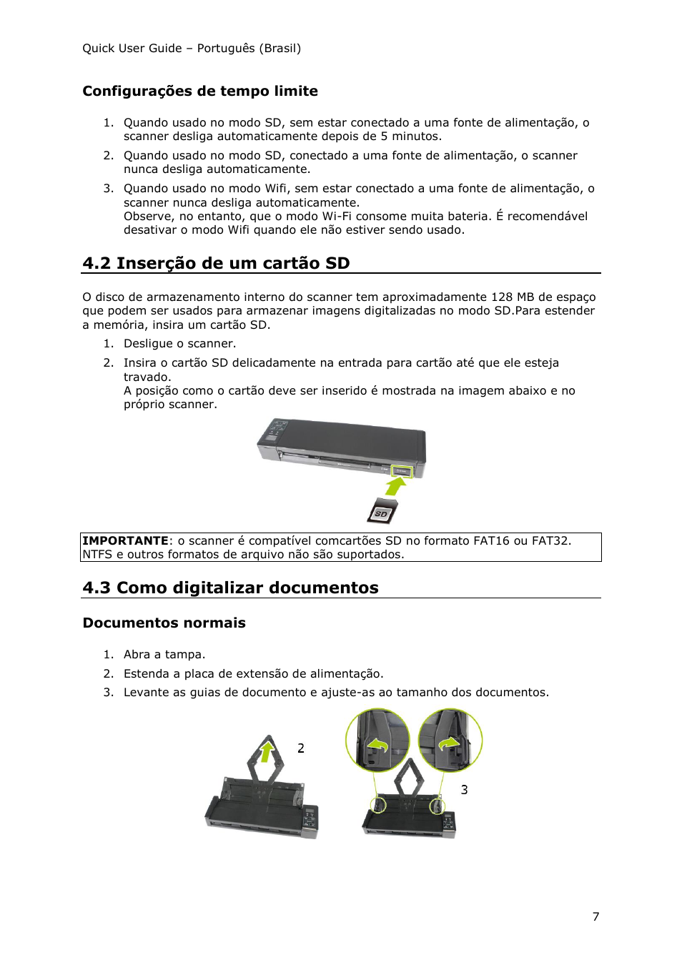 Configurações de tempo limite, 2 inserção de um cartão sd, 3 como digitalizar documentos | Documentos normais | I.R.I.S. IRIScan Pro 3 Wi-Fi Quick Start User Manual | Page 84 / 166