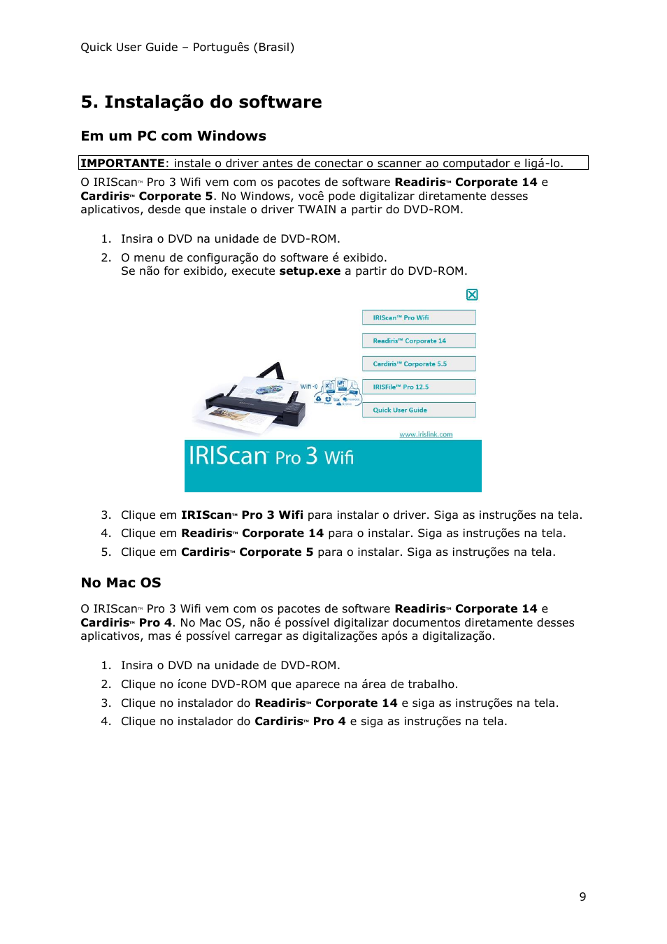 Instalação do software, Em um pc com windows, No mac os | I.R.I.S. IRIScan Pro 3 Wi-Fi Quick Start User Manual | Page 86 / 166