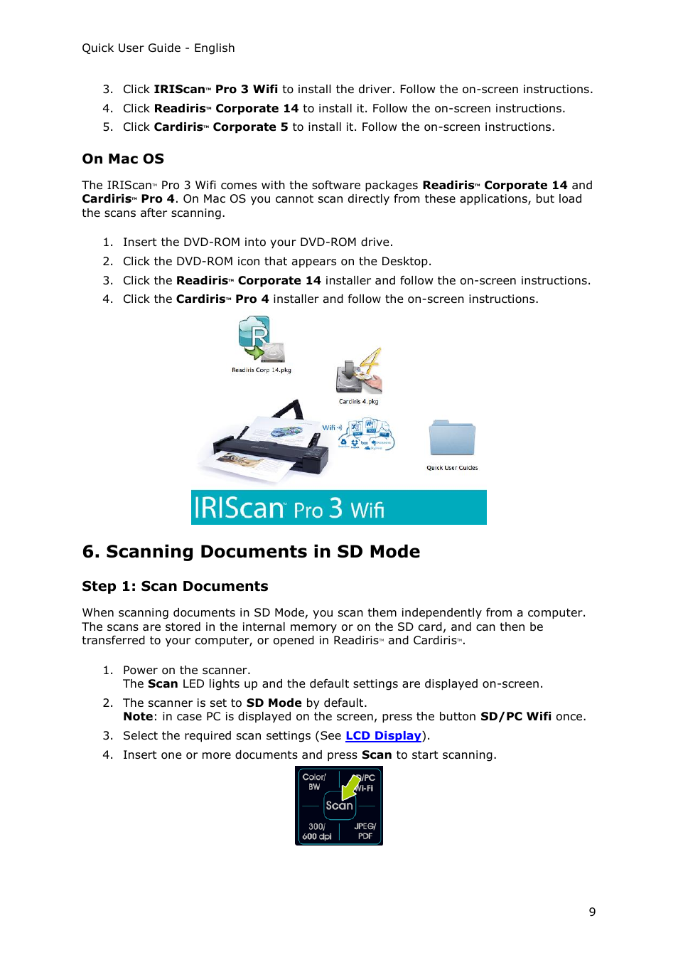 On mac os, Scanning documents in sd mode, Step 1: scan documents | I.R.I.S. IRIScan Pro 3 Wi-Fi Quick Start User Manual | Page 9 / 166