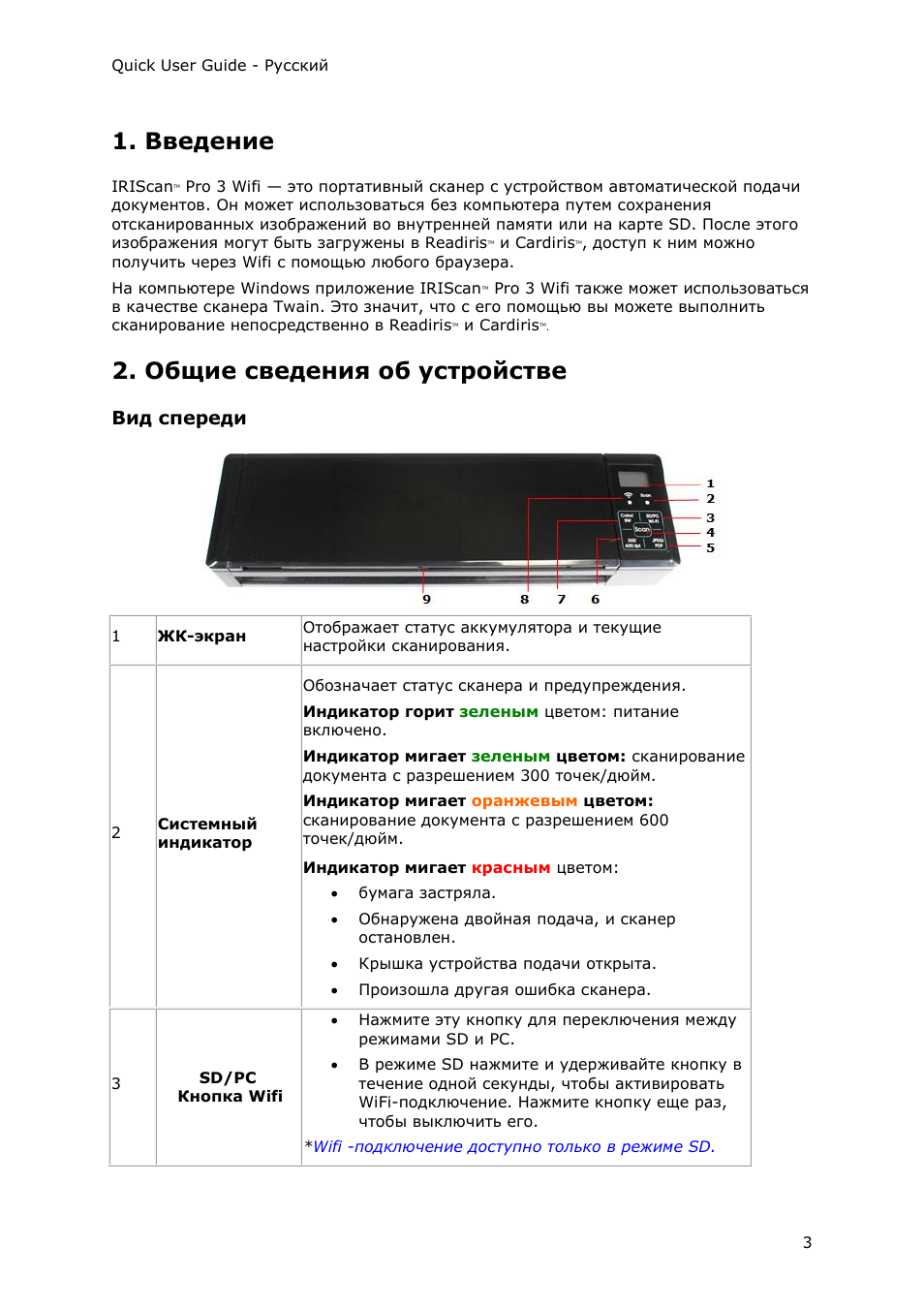 Введение, Общие сведения об устройстве, Вид спереди | I.R.I.S. IRIScan Pro 3 Wi-Fi Quick Start User Manual | Page 93 / 166