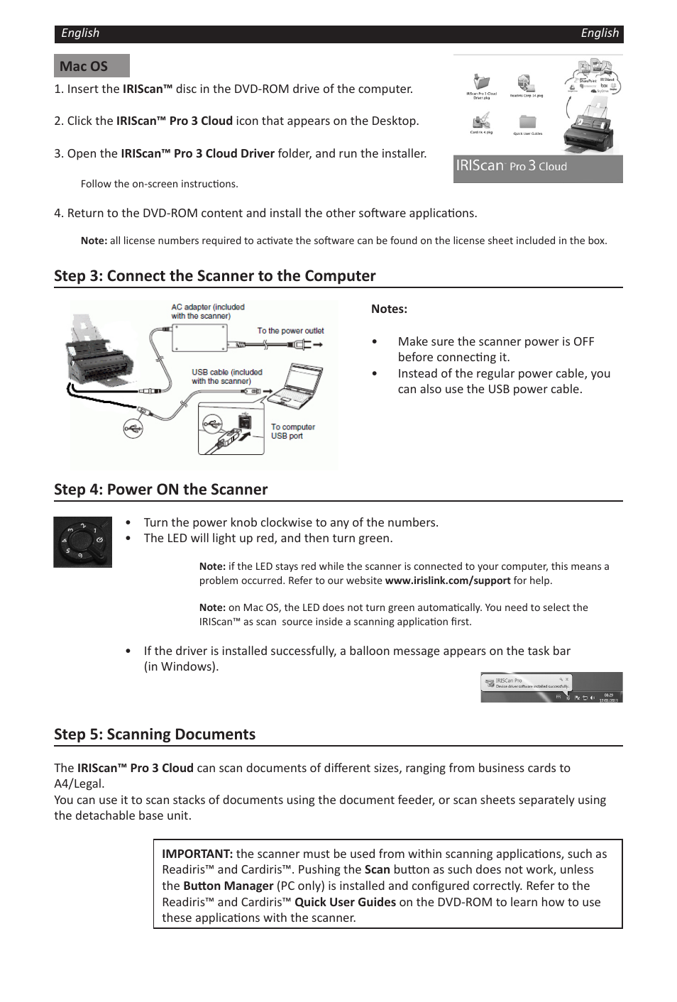Step 3: connect the scanner to the computer, Step 4: power on the scanner, Step 5: scanning documents | I.R.I.S. IRIScan Pro 3 Cloud User Manual | Page 2 / 5
