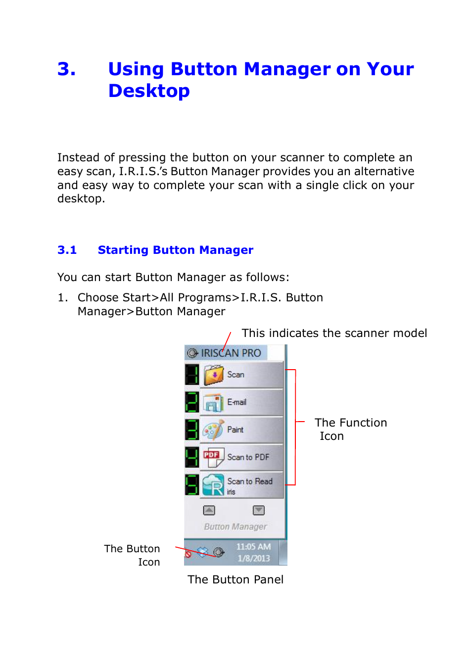 Using button manager on your desktop, 1 starting button manager, Using button manager on your desktop . 10 | Starting button manager | I.R.I.S. IRIScan Pro 3 Cloud Button Manager User Manual | Page 13 / 49