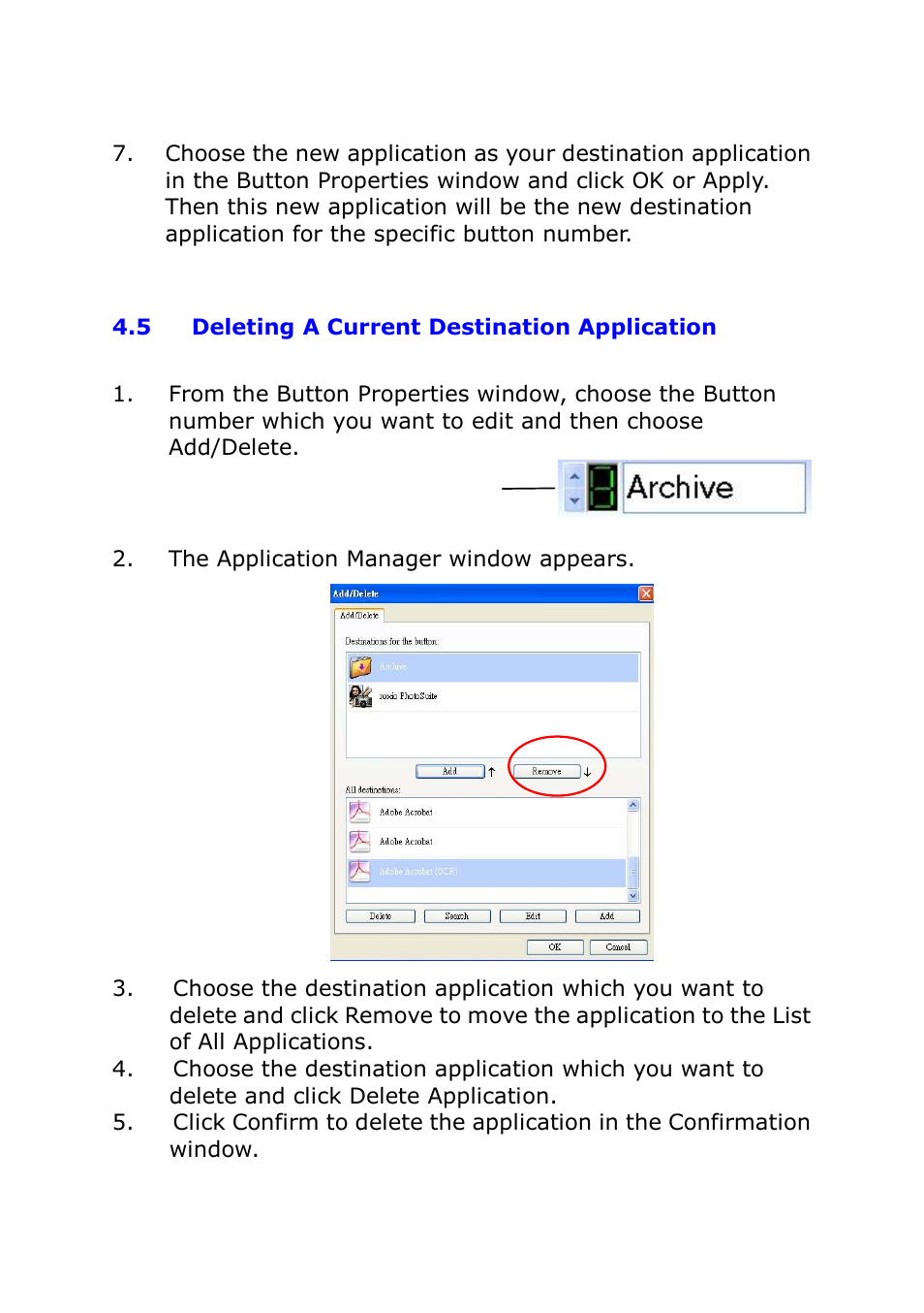 5 deleting a current destination application, Deleting a current destination application | I.R.I.S. IRIScan Pro 3 Cloud Button Manager User Manual | Page 23 / 49