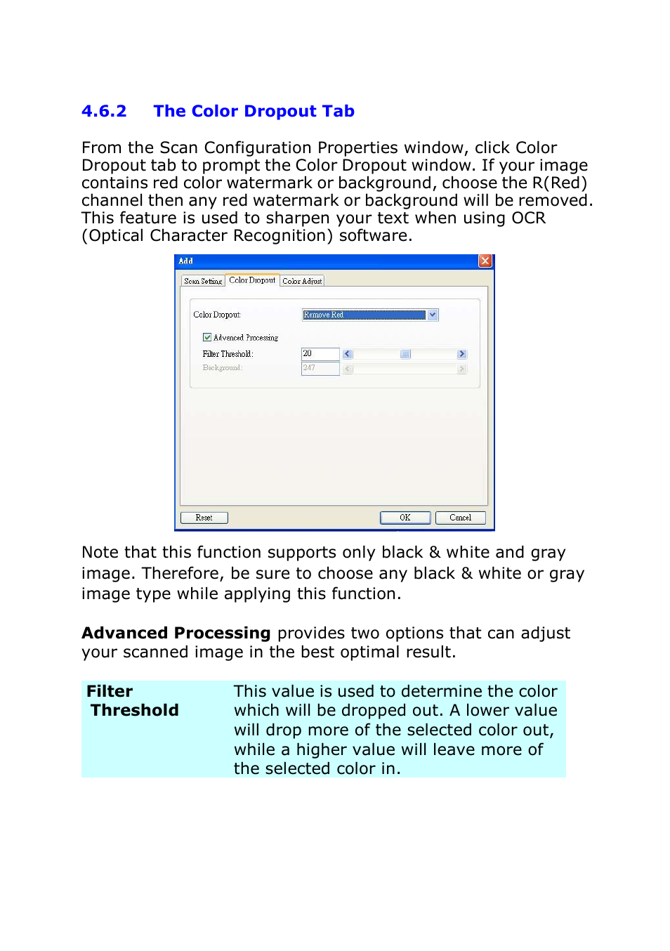 2 the color dropout tab, The color dropout tab | I.R.I.S. IRIScan Pro 3 Cloud Button Manager User Manual | Page 32 / 49