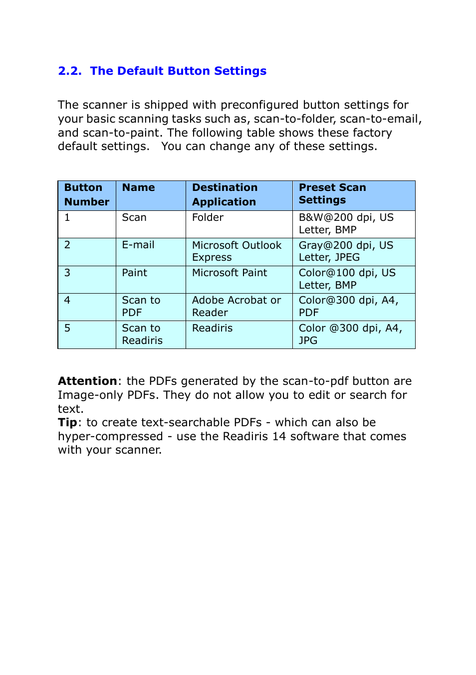 The default button settings | I.R.I.S. IRIScan Pro 3 Cloud Button Manager User Manual | Page 9 / 49