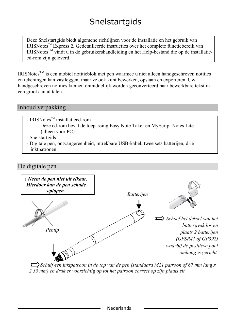 Snelstartgids, Inhoud verpakking, De digitale pen | I.R.I.S. IRISNotes Express 2 User Manual | Page 14 / 56