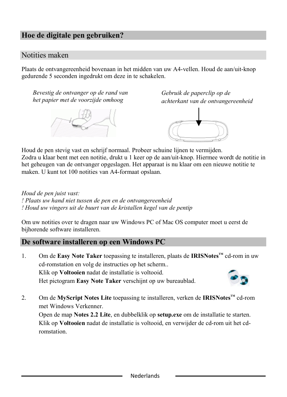 Hoe de digitale pen gebruiken? notities maken, De software installeren op een windows pc | I.R.I.S. IRISNotes Express 2 User Manual | Page 16 / 56