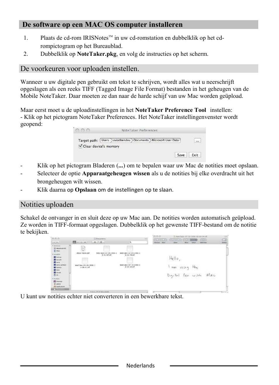 De software op een mac os computer installeren, De voorkeuren voor uploaden instellen, Notities uploaden | I.R.I.S. IRISNotes Express 2 User Manual | Page 18 / 56