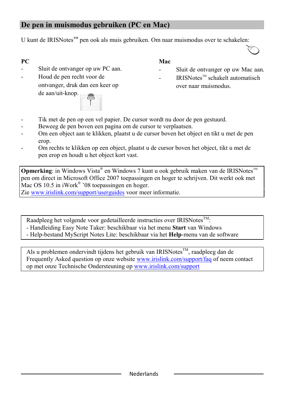 De pen in muismodus gebruiken (pc en mac) | I.R.I.S. IRISNotes Express 2 User Manual | Page 19 / 56