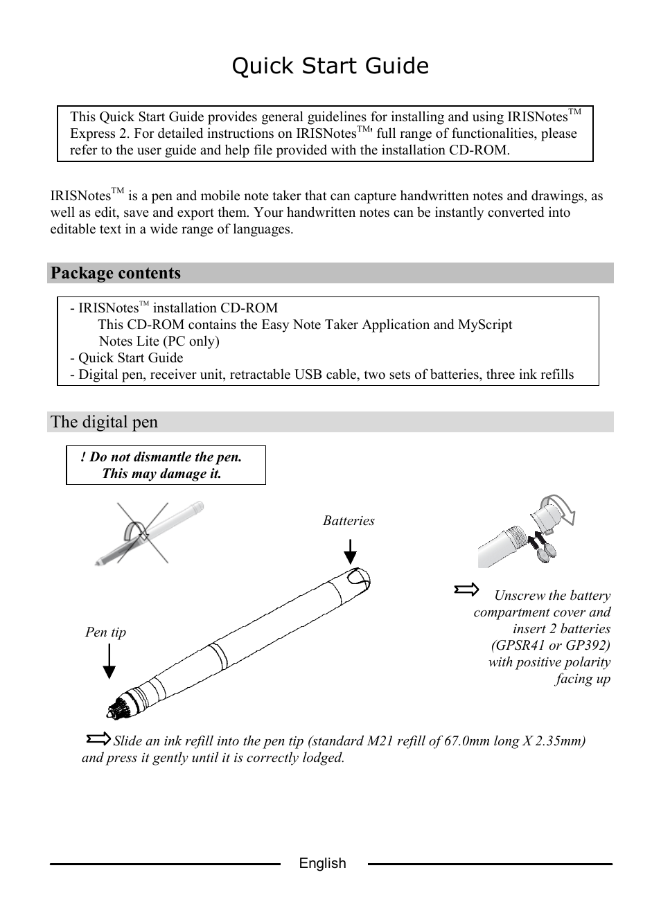 Quick start guide, Package contents, The digital pen | I.R.I.S. IRISNotes Express 2 User Manual | Page 2 / 56