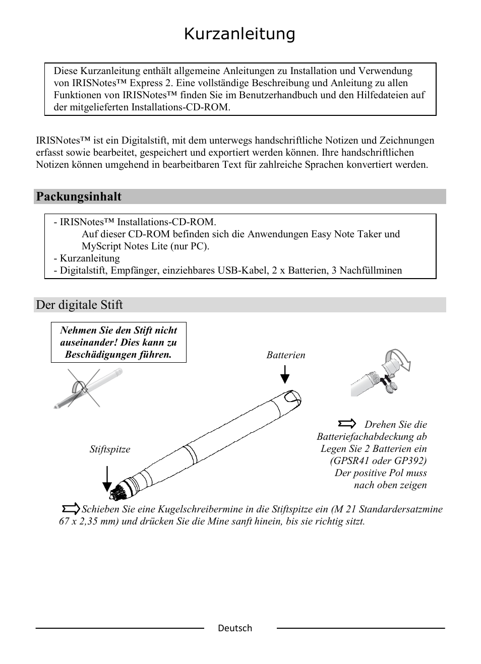 Kurzanleitung, Packungsinhalt, Der digitale stift | I.R.I.S. IRISNotes Express 2 User Manual | Page 20 / 56