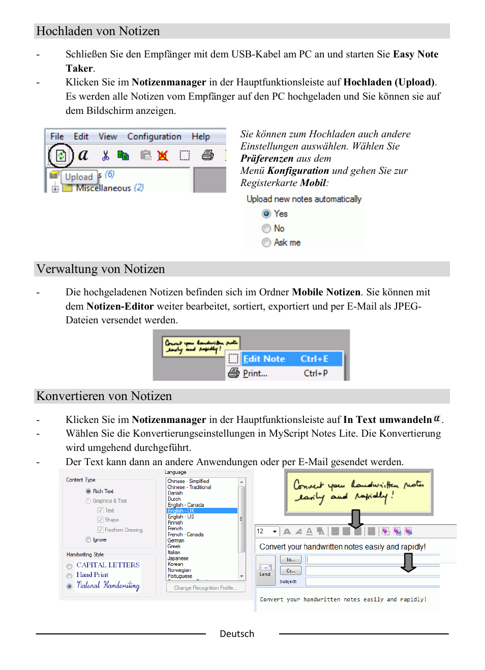 Hochladen von notizen, Verwaltung von notizen, Konvertieren von notizen | I.R.I.S. IRISNotes Express 2 User Manual | Page 23 / 56
