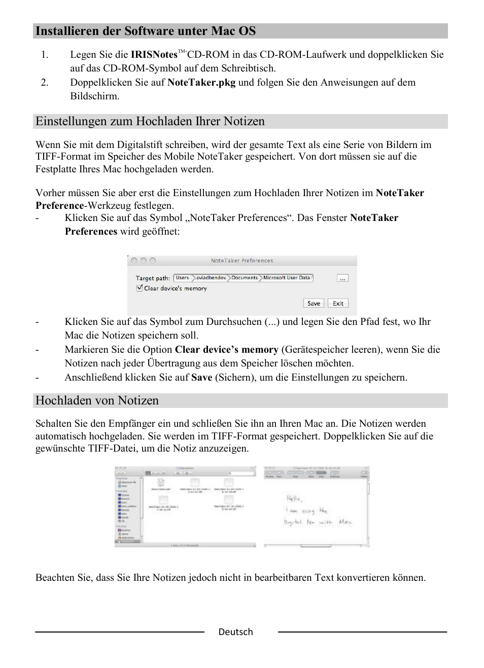 Installieren der software unter mac os, Einstellungen zum hochladen ihrer notizen, Hochladen von notizen | I.R.I.S. IRISNotes Express 2 User Manual | Page 24 / 56