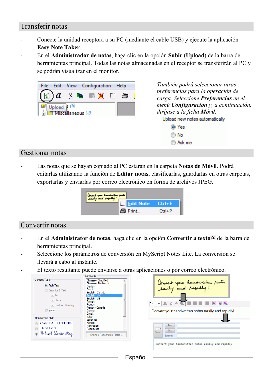 Transferir notas, Gestionar notas, Convertir notas | I.R.I.S. IRISNotes Express 2 User Manual | Page 29 / 56