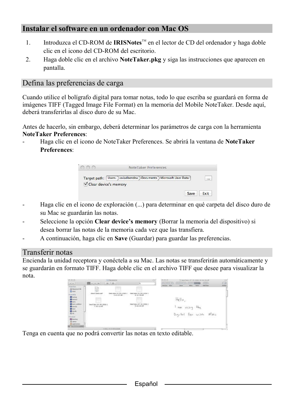 Instalar el software en un ordenador con mac os, Defina las preferencias de carga, Transferir notas | I.R.I.S. IRISNotes Express 2 User Manual | Page 30 / 56