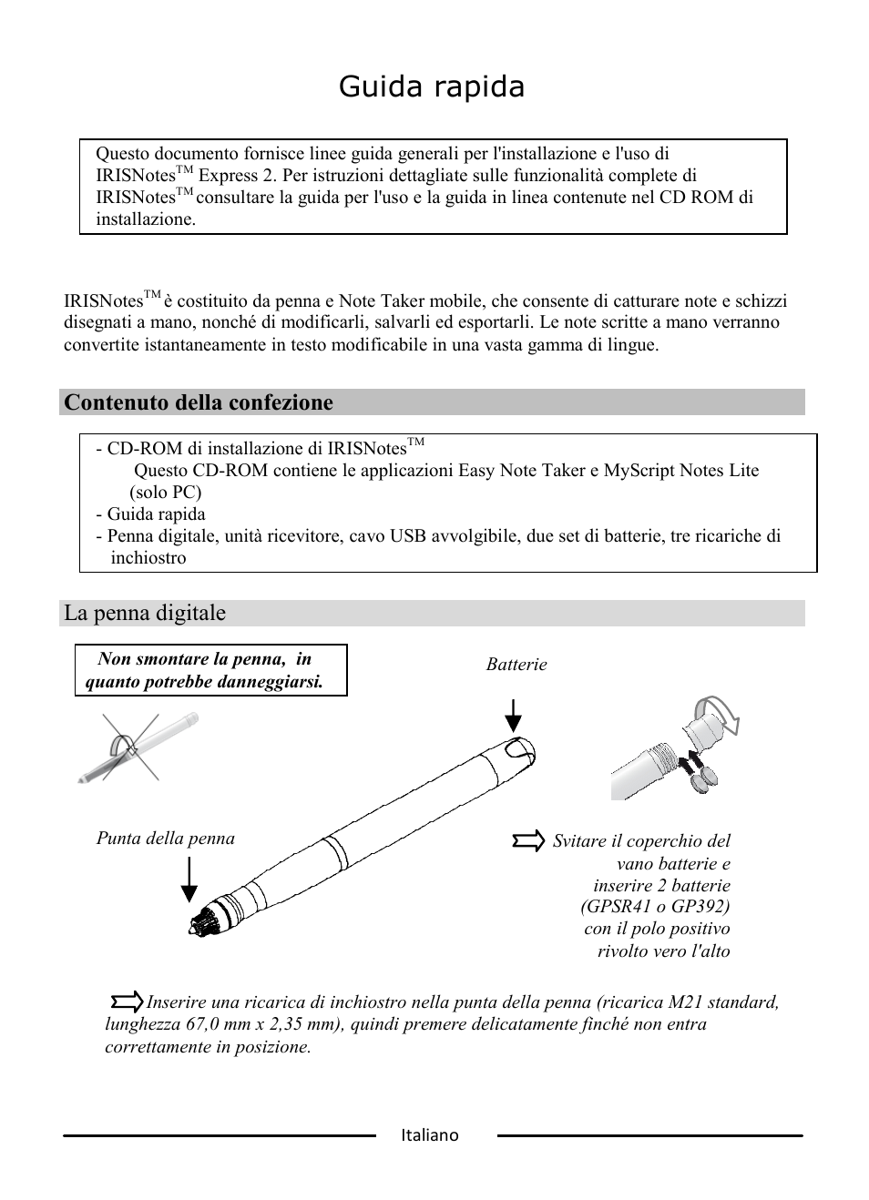 Guida rapida, Contenuto della confezione, La penna digitale | I.R.I.S. IRISNotes Express 2 User Manual | Page 32 / 56