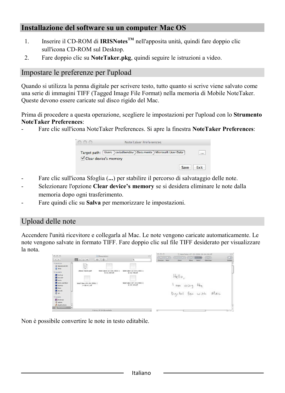 Installazione del software su un computer mac os, Impostare le preferenze per l'upload | I.R.I.S. IRISNotes Express 2 User Manual | Page 36 / 56