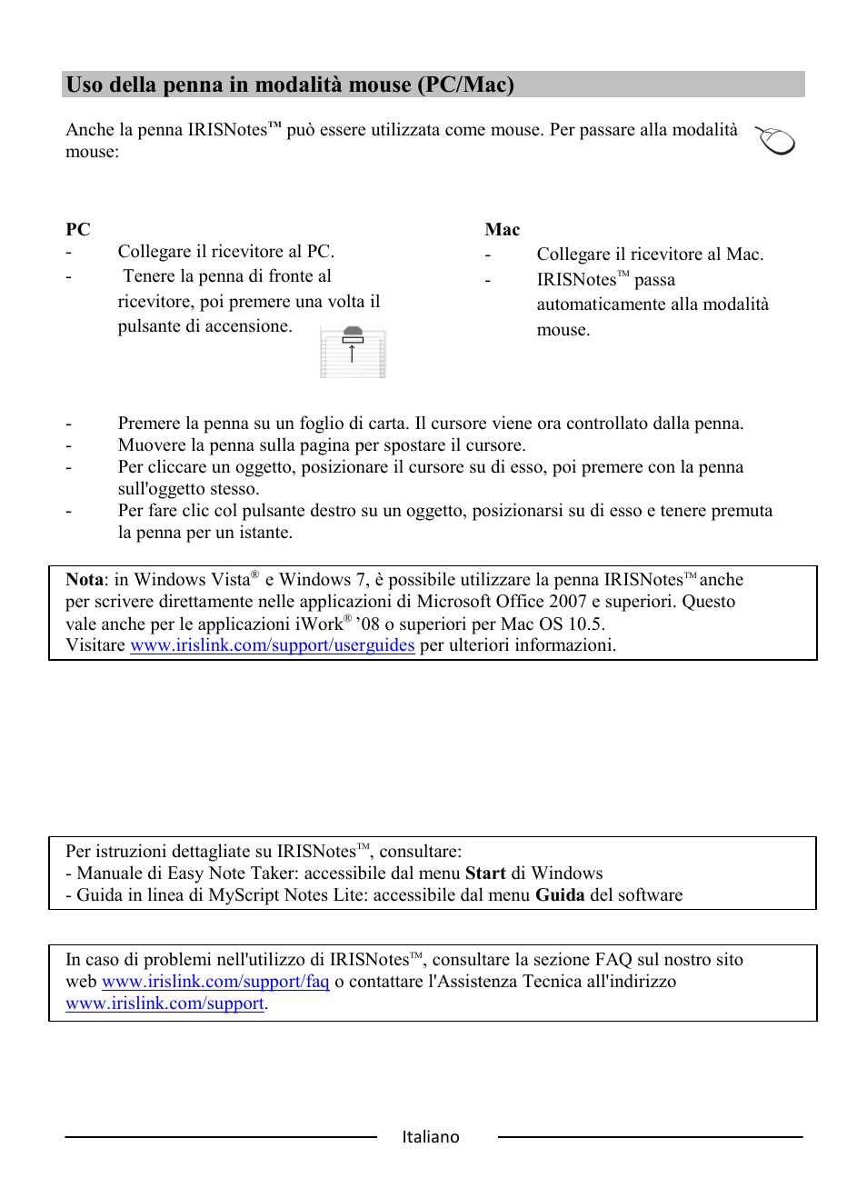 Uso della penna in modalità mouse (pc/mac) | I.R.I.S. IRISNotes Express 2 User Manual | Page 37 / 56