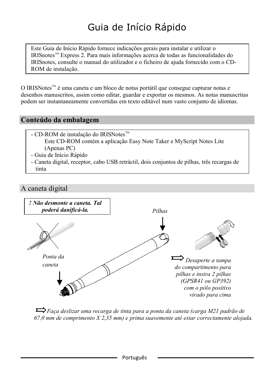 Guia de início rápido, Conteúdo da embalagem, A caneta digital | I.R.I.S. IRISNotes Express 2 User Manual | Page 38 / 56