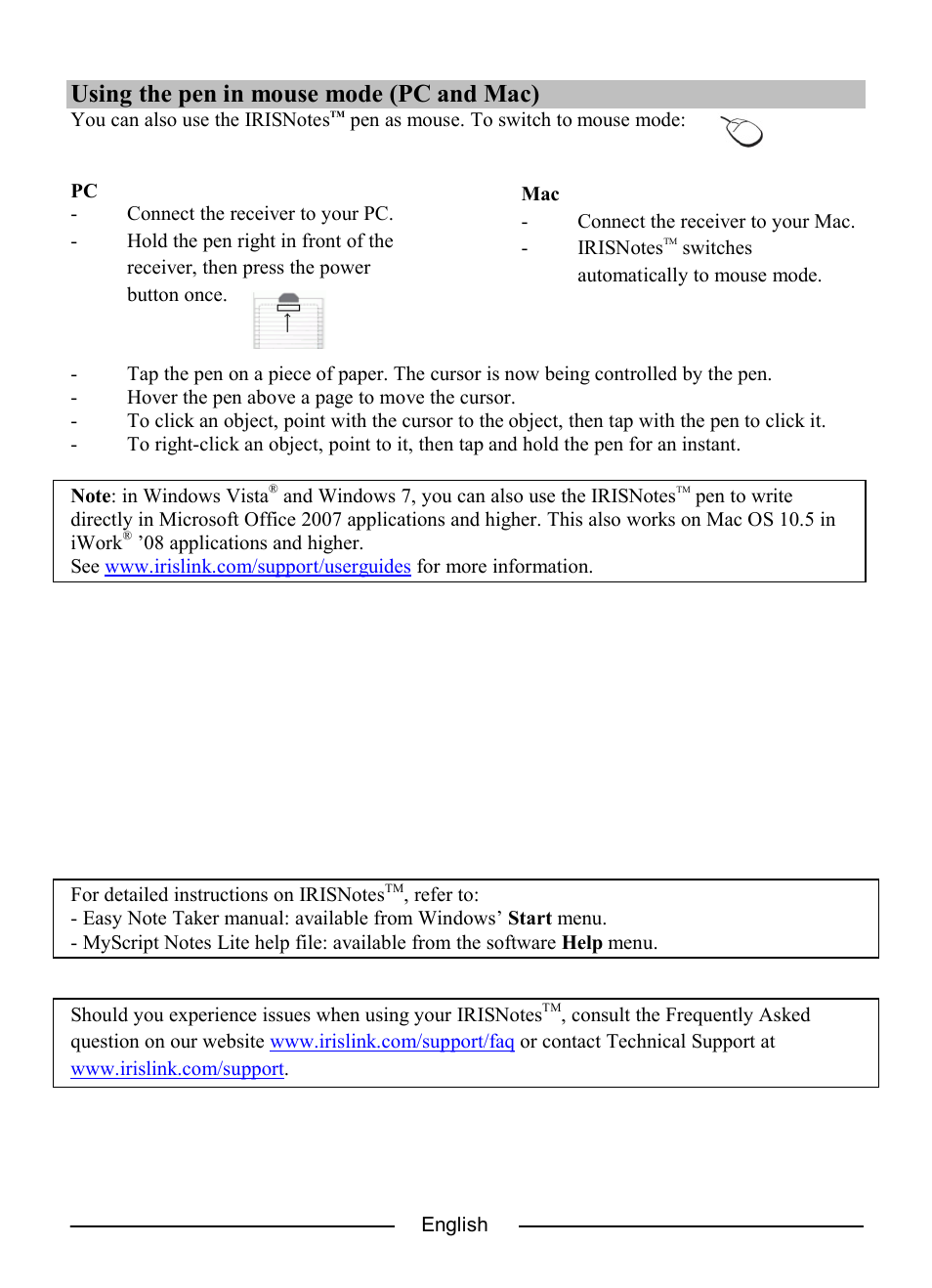 Using the pen in mouse mode (pc and mac) | I.R.I.S. IRISNotes Express 2 User Manual | Page 7 / 56