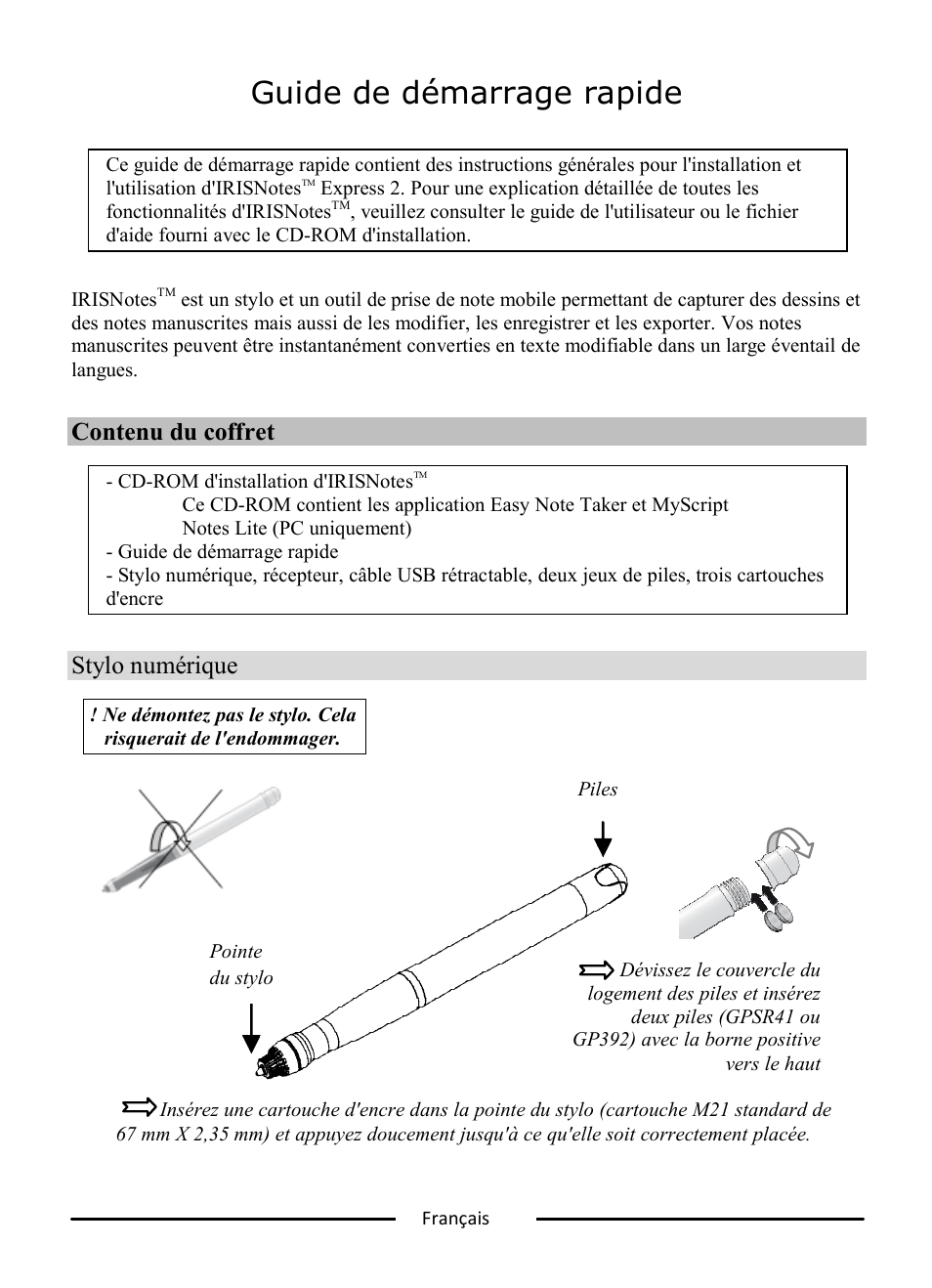 Guide de démarrage rapide, Contenu du coffret, Stylo numérique | I.R.I.S. IRISNotes Express 2 User Manual | Page 8 / 56