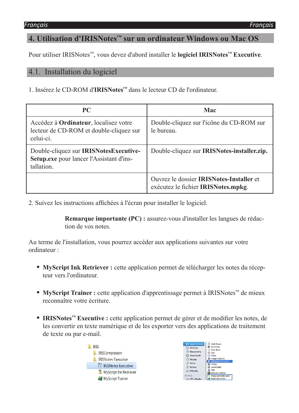 Sur un ordinateur windows ou mac os, Installation du logiciel | I.R.I.S. IRISNotes Executive 2 User Manual | Page 14 / 92