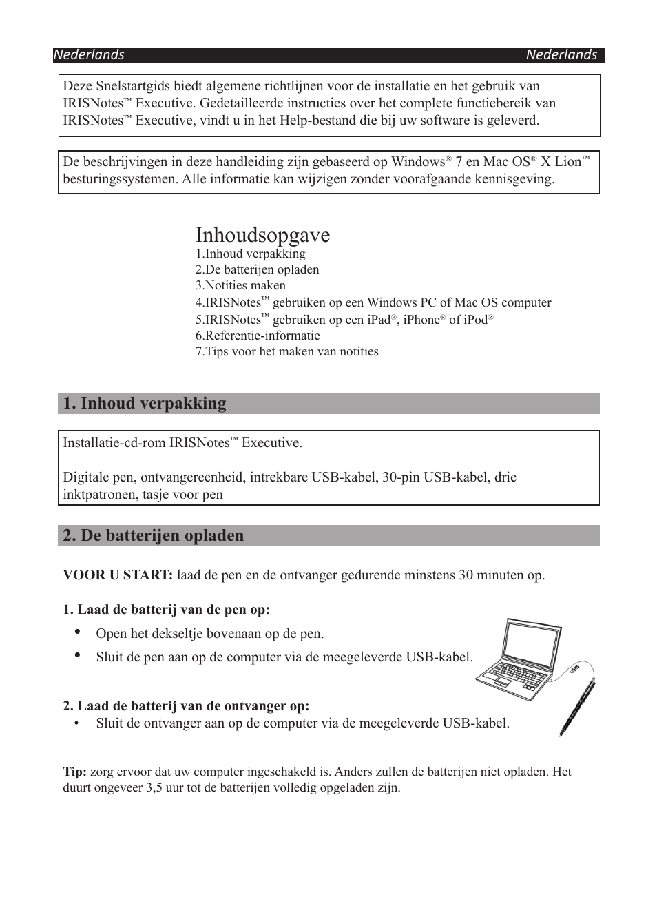 Inhoudsopgave, Inhoud verpakking, De batterijen opladen | I.R.I.S. IRISNotes Executive 2 User Manual | Page 22 / 92