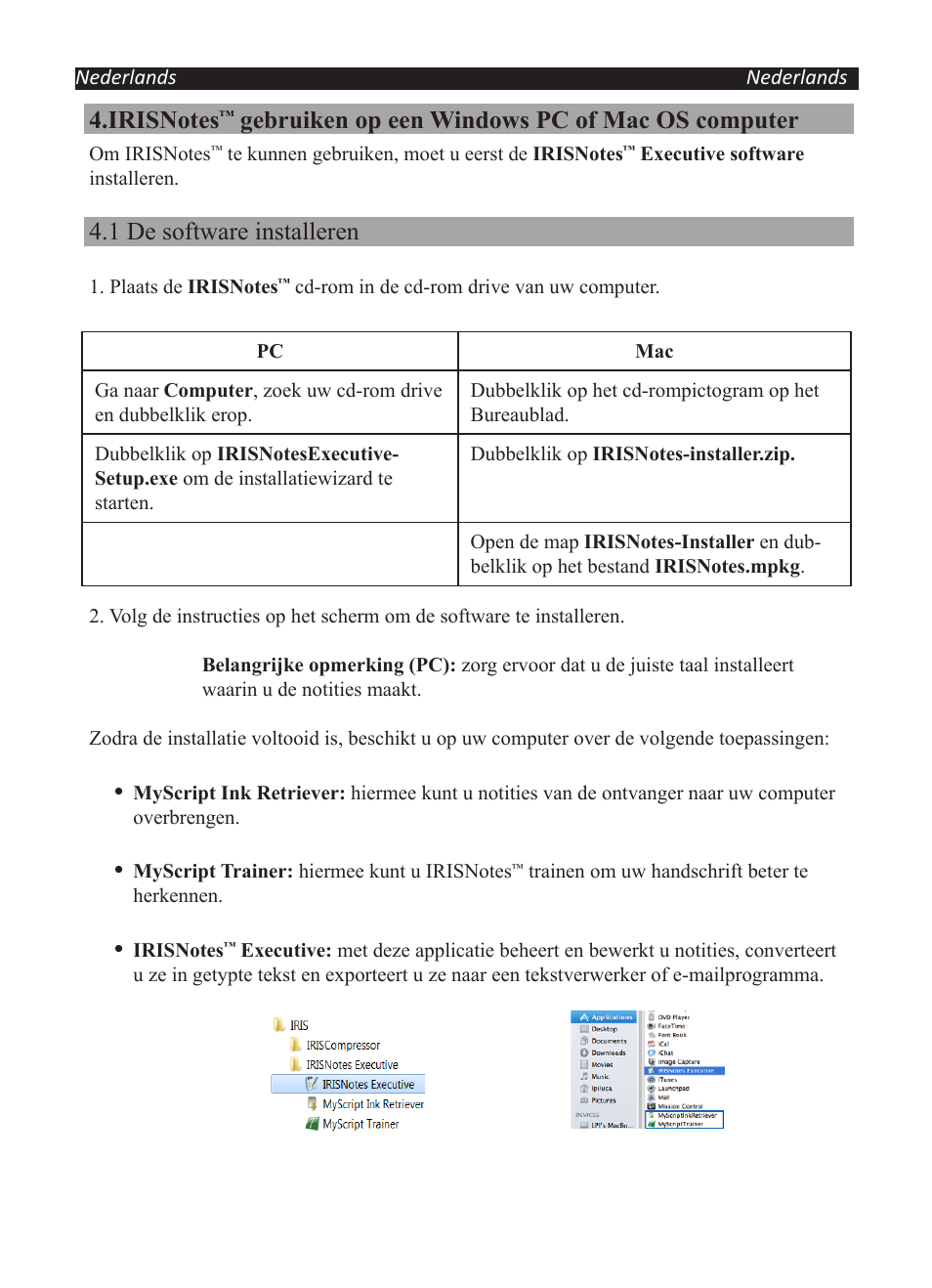 Gebruiken op een windows pc of mac os computer, 1 de software installeren | I.R.I.S. IRISNotes Executive 2 User Manual | Page 24 / 92