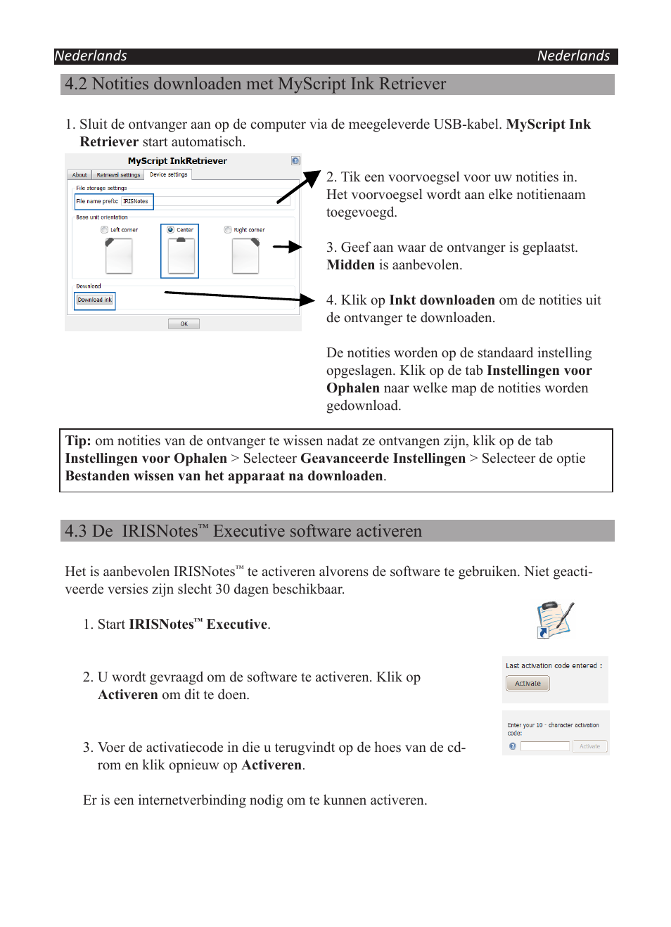 2 notities downloaden met myscript ink retriever, Executive software activeren | I.R.I.S. IRISNotes Executive 2 User Manual | Page 25 / 92