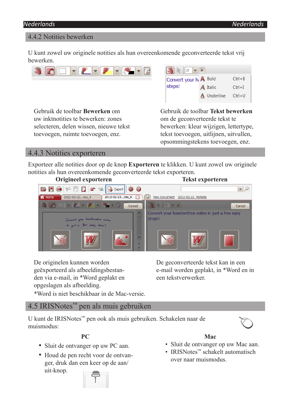 3 notities exporteren, Pen als muis gebruiken | I.R.I.S. IRISNotes Executive 2 User Manual | Page 27 / 92