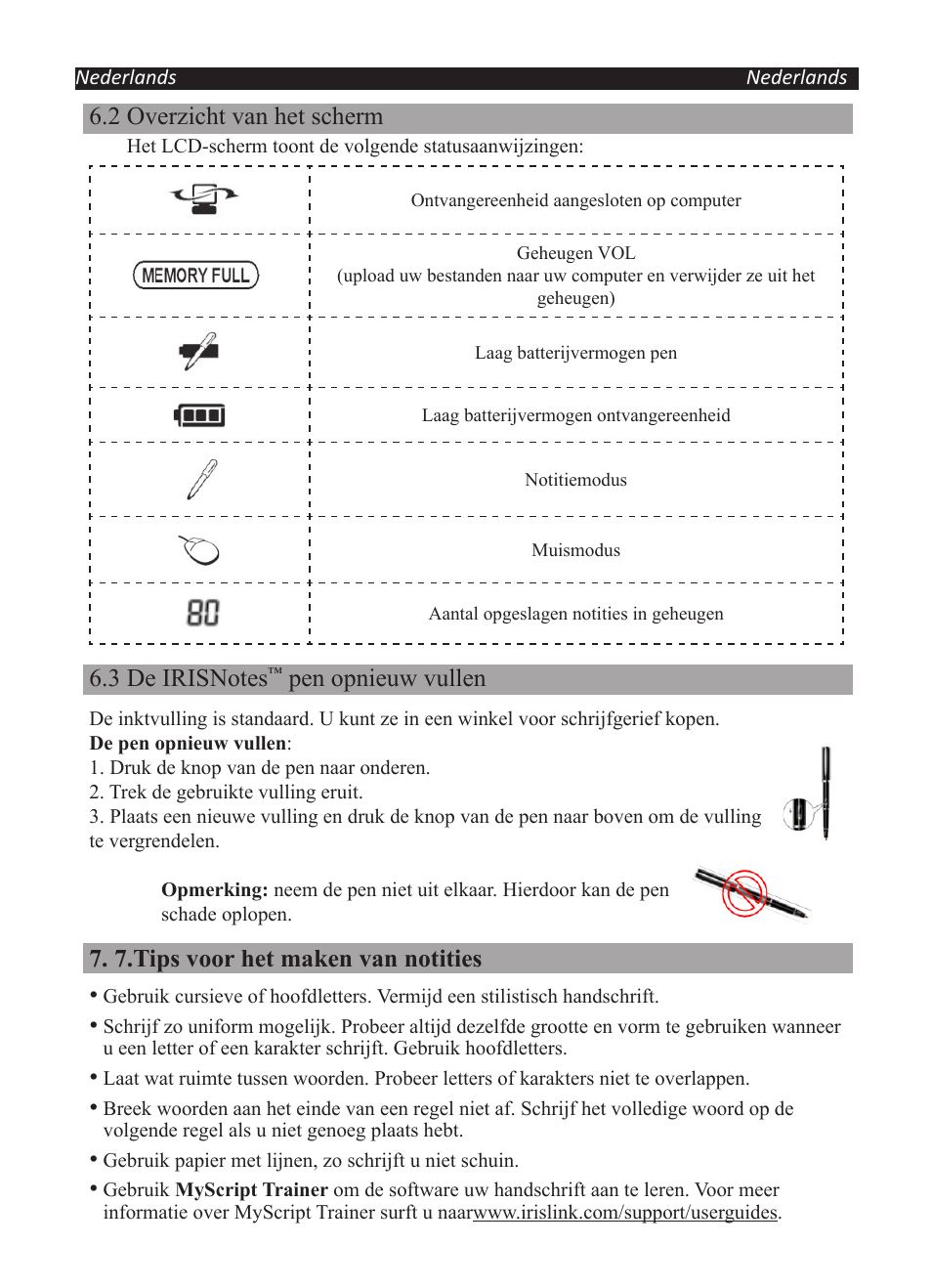 2 overzicht van het scherm, Pen opnieuw vullen, 7.tips voor het maken van notities | I.R.I.S. IRISNotes Executive 2 User Manual | Page 30 / 92