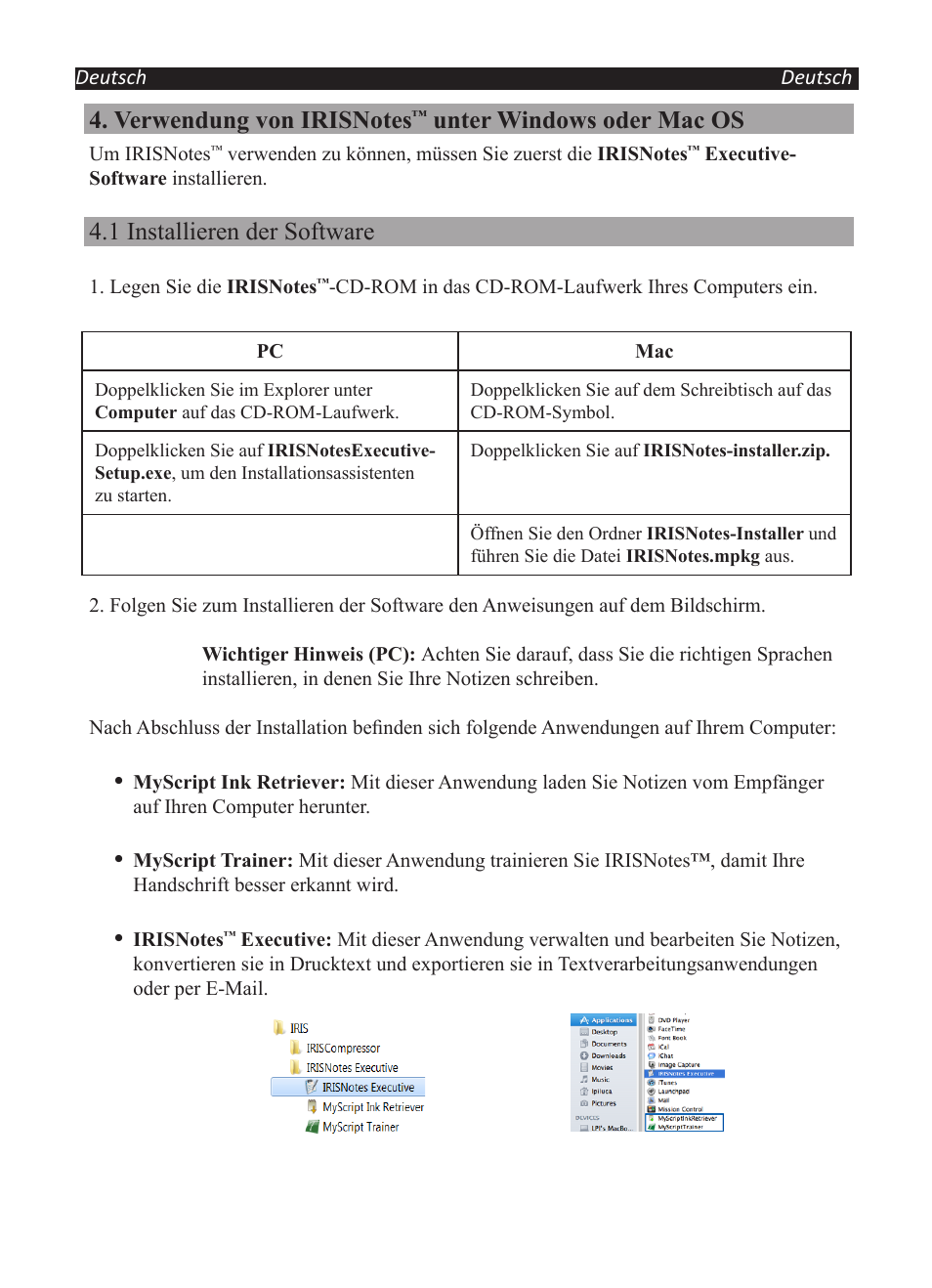 Unter windows oder mac os, 1 installieren der software | I.R.I.S. IRISNotes Executive 2 User Manual | Page 34 / 92