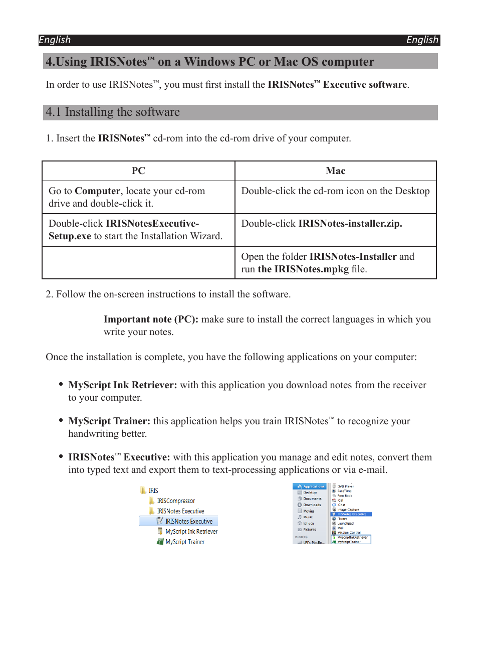 On a windows pc or mac os computer, 1 installing the software | I.R.I.S. IRISNotes Executive 2 User Manual | Page 4 / 92