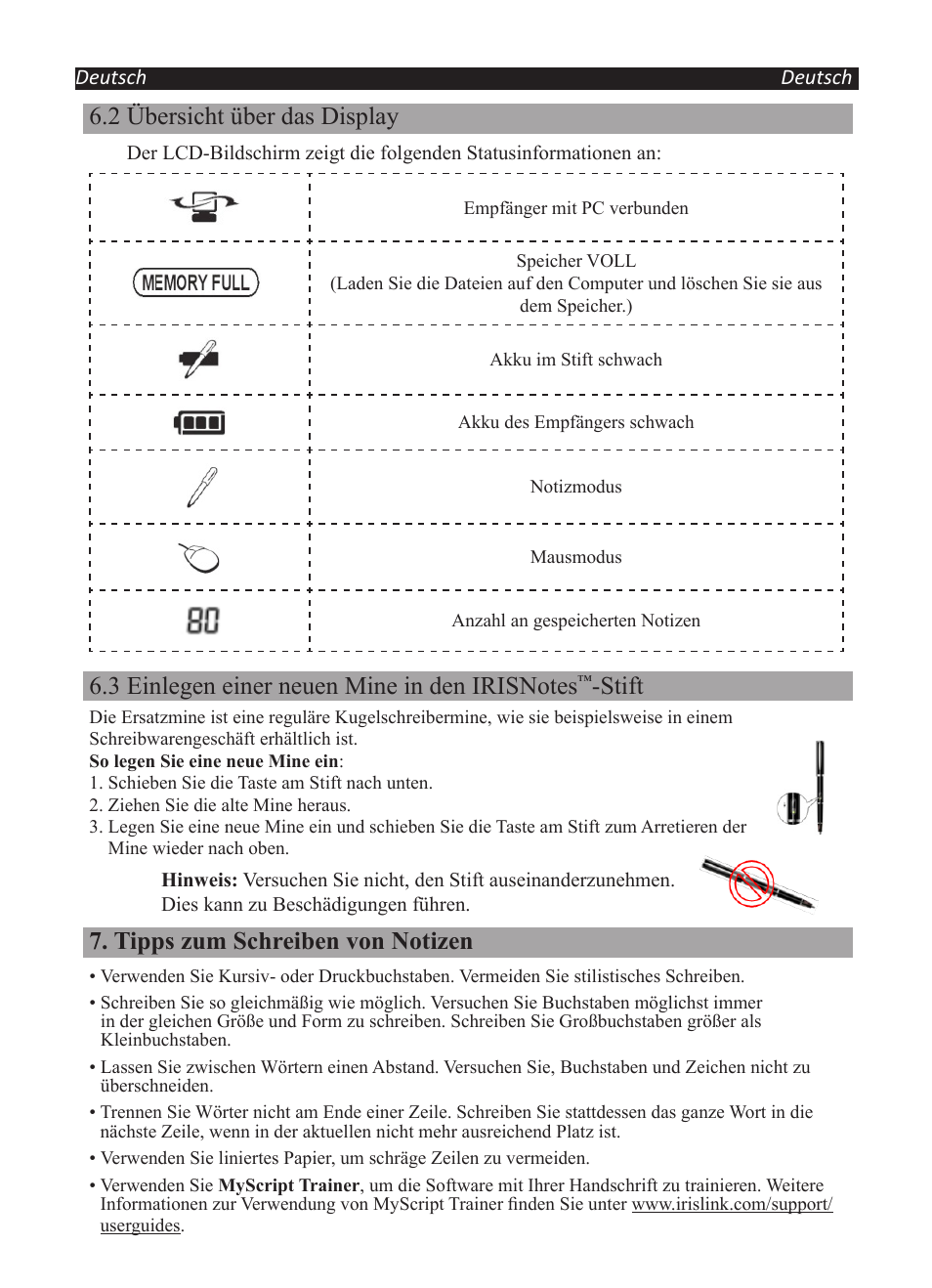 2 übersicht über das display, Stift, Tipps zum schreiben von notizen | I.R.I.S. IRISNotes Executive 2 User Manual | Page 40 / 92