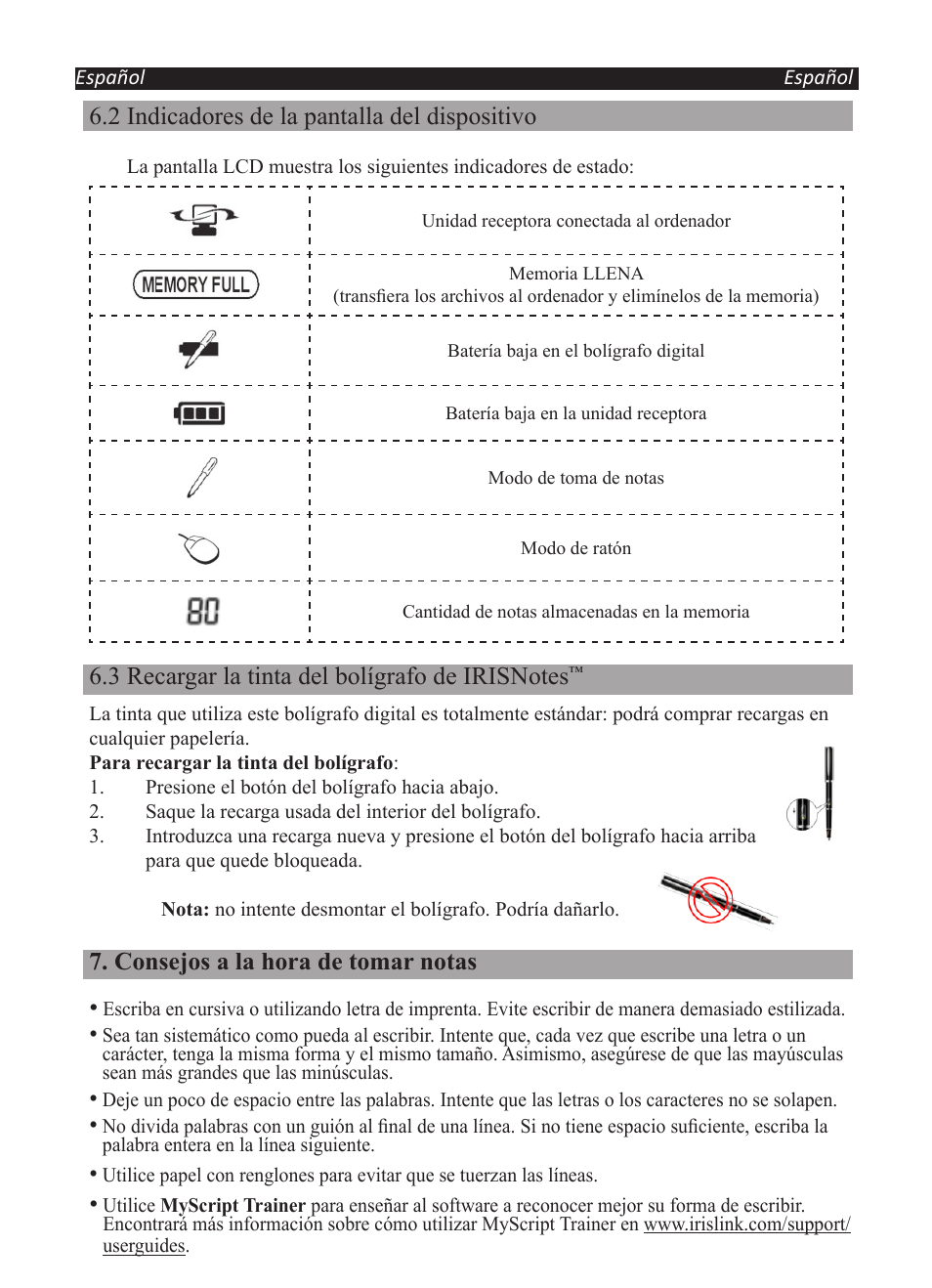 2 indicadores de la pantalla del dispositivo, Consejos a la hora de tomar notas | I.R.I.S. IRISNotes Executive 2 User Manual | Page 50 / 92