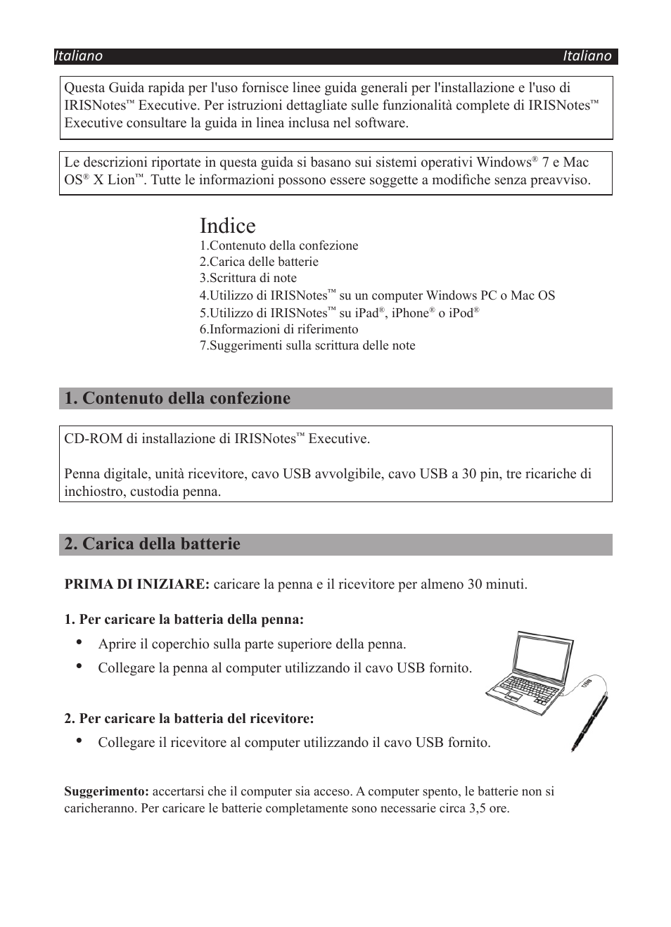 Indice, Contenuto della confezione, Carica della batterie | I.R.I.S. IRISNotes Executive 2 User Manual | Page 52 / 92