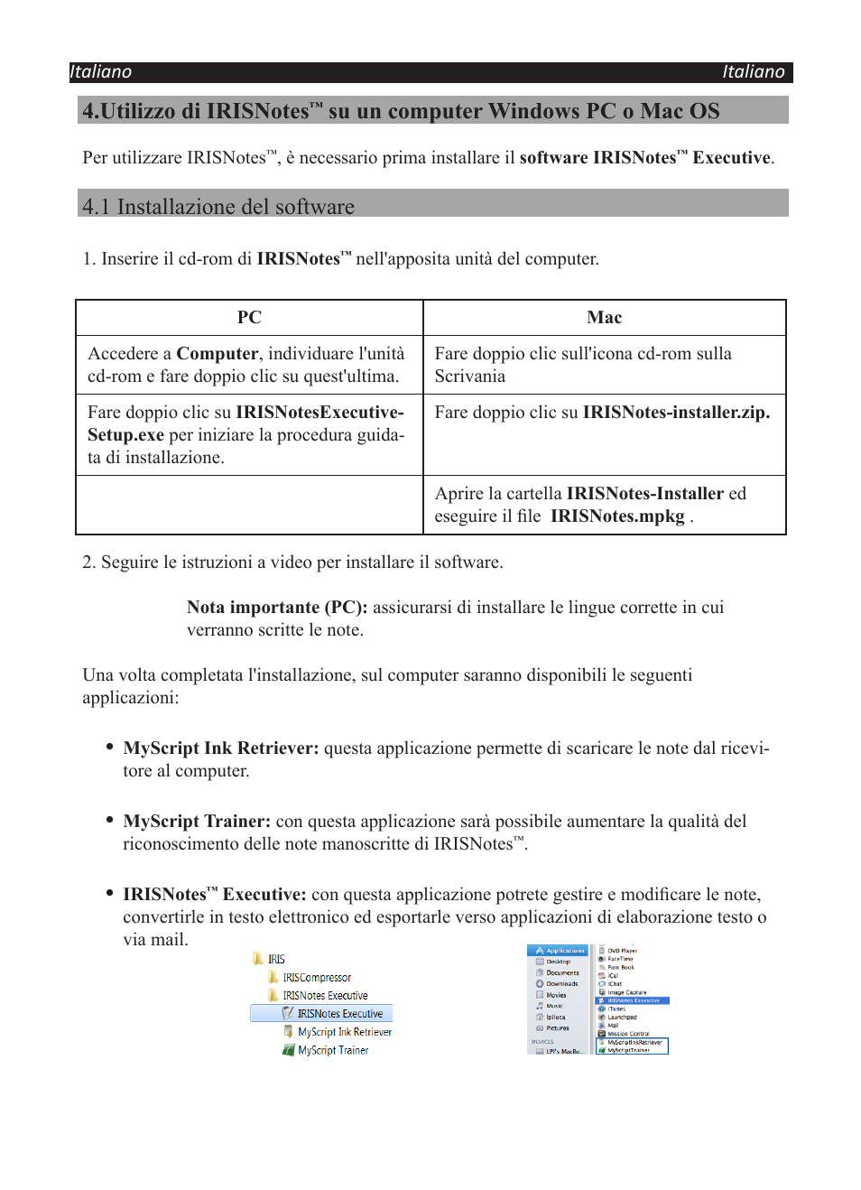 Su un computer windows pc o mac os, 1 installazione del software | I.R.I.S. IRISNotes Executive 2 User Manual | Page 54 / 92