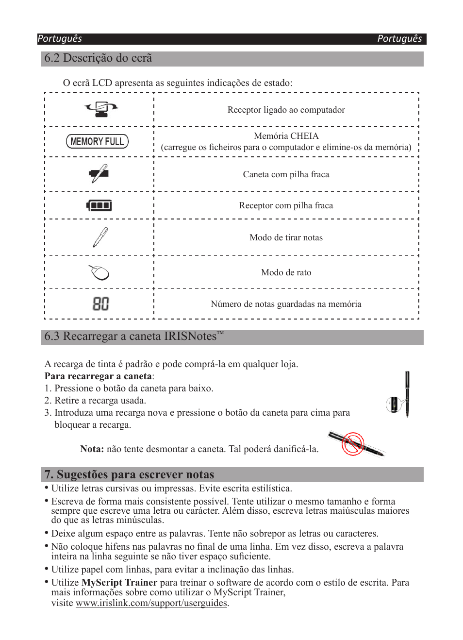 2 descrição do ecrã, Sugestões para escrever notas | I.R.I.S. IRISNotes Executive 2 User Manual | Page 70 / 92