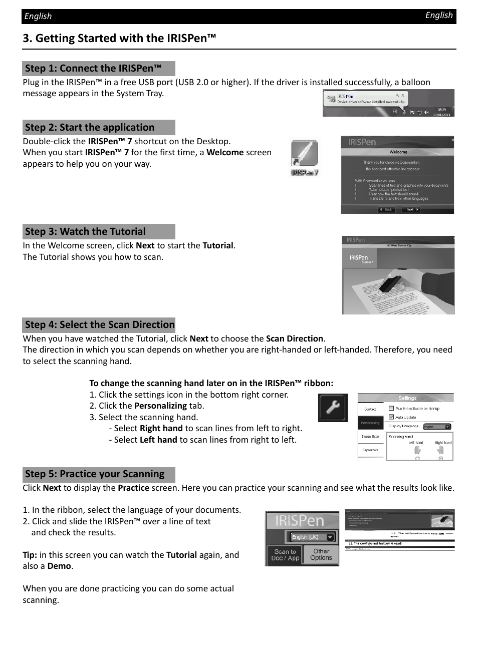 Getting started with the irispen, Step 1: connect the irispen, Step 2: start the application | Step 3: watch the tutorial, Step 4: select the scan direction, Step 5: practice your scanning | I.R.I.S. IRISPen Express 7 User Manual | Page 2 / 4